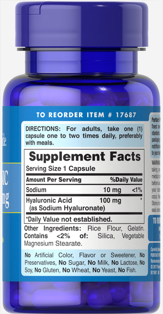 Puritan's Pride Hyaluronic Acid 100 mg / 30 Capsules / Item #017687
