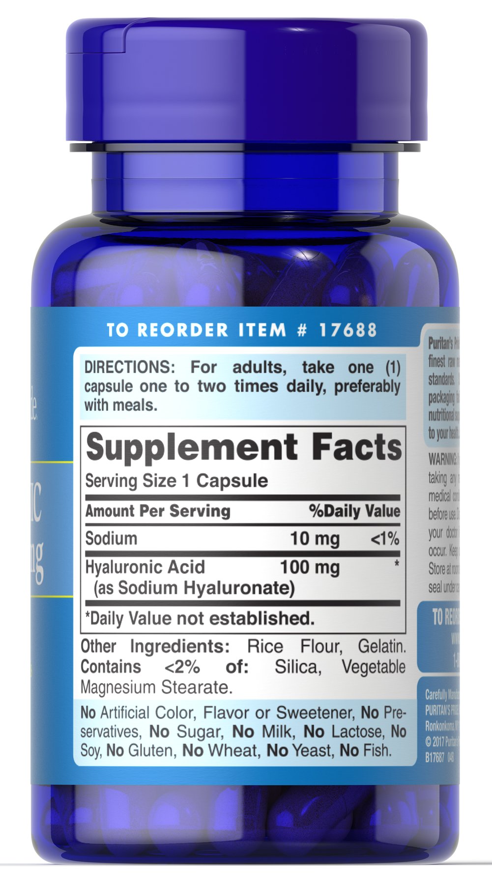Puritan's Pride Hyaluronic Acid 100 mg / 60 Capsules / Item #017688