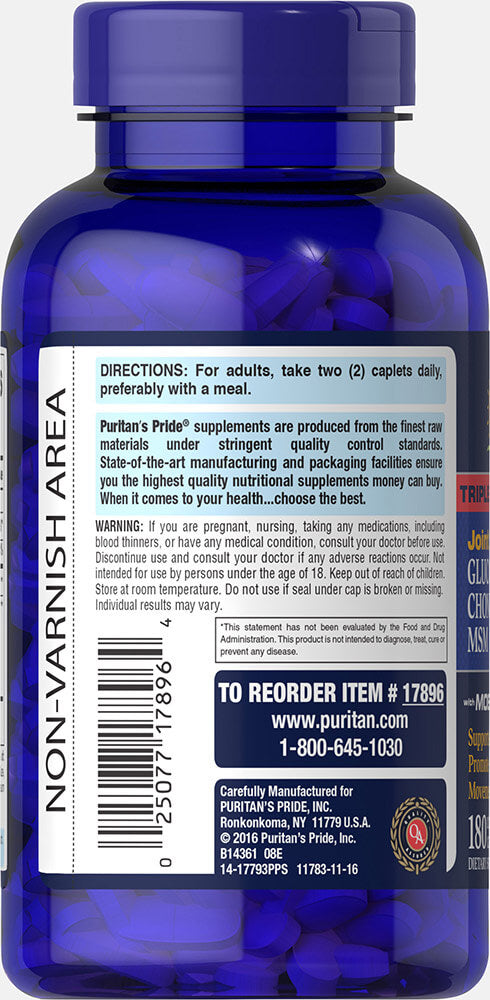 Puritan's Pride Triple Strength Glucosamine, Chondroitin & MSM Joint Soother® 180 Caplets / Item #017896