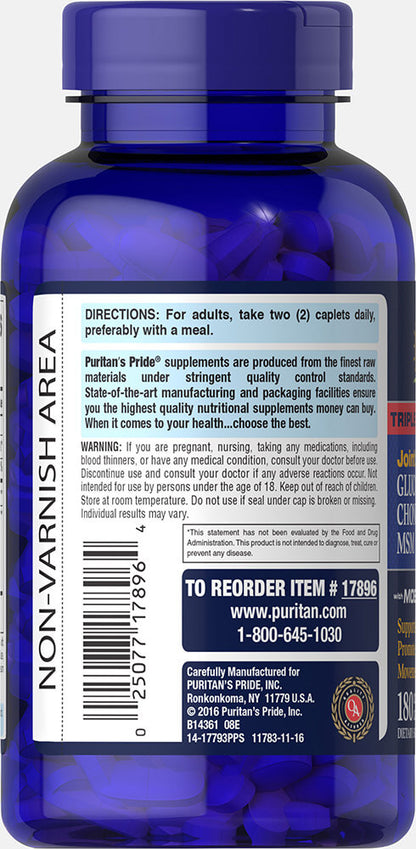 Puritan's Pride Triple Strength Glucosamine, Chondroitin & MSM Joint Soother® 180 Caplets / Item #017896
