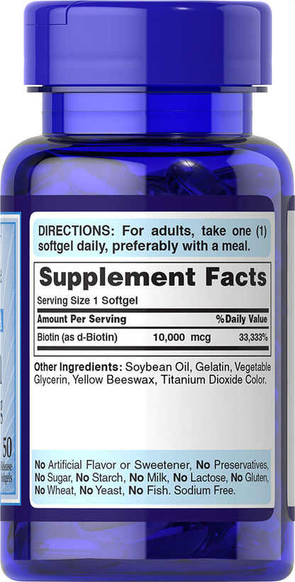Puritan's Pride Biotin 10,000 mcg / 50 Softgels / Item #051463