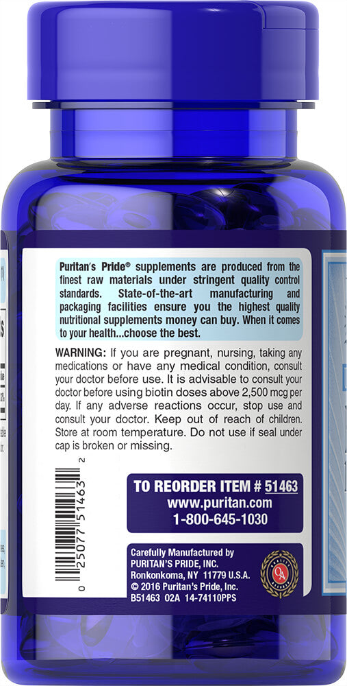 Puritan's Pride Biotin 10,000 mcg / 50 Softgels / Item #051463