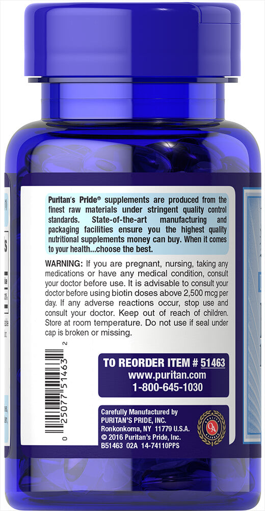 Puritan's Pride Biotin 10,000 mcg / 50 Softgels / Item #051463