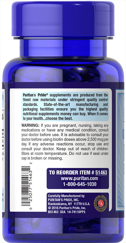 Puritan's Pride Biotin 10,000 mcg / 50 Softgels / Item #051463