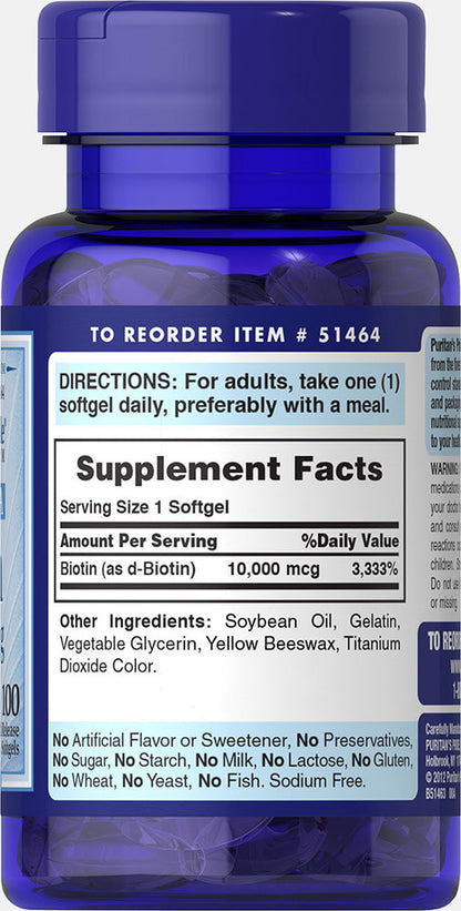 Puritan's Pride Biotin 10,000 mcg / 100 Softgels / Item #051464