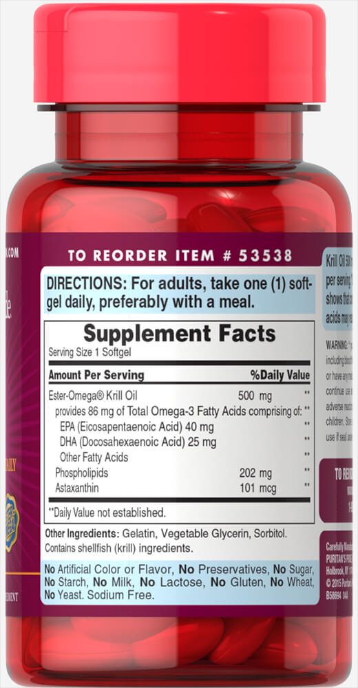 Puritan's Pride Red Krill Oil 500 mg (86 mg Active Omega-3) 500 mg / 30 Softgels / Item #053538