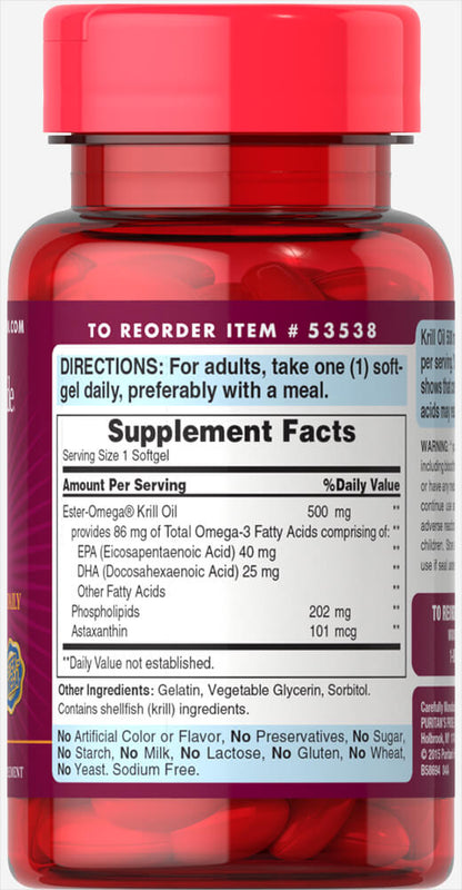 Puritan's Pride Red Krill Oil 500 mg (86 mg Active Omega-3) 500 mg / 30 Softgels / Item #053538