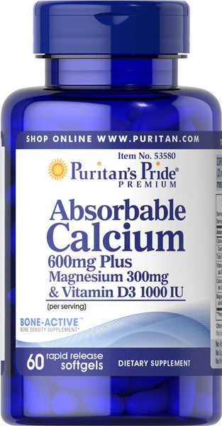 Puritan's Pride Absorbable Calcium 600mg plus Magnesium 300mg & Vitamin D 1000iu / 60 Softgels / Item #053580 - Puritan's Pride Singapore
